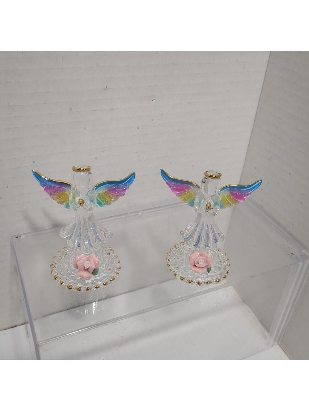 1999 Glass Baron Elegant Hand Blown  Set 2 Standing Angels 5"Multicolor Wings